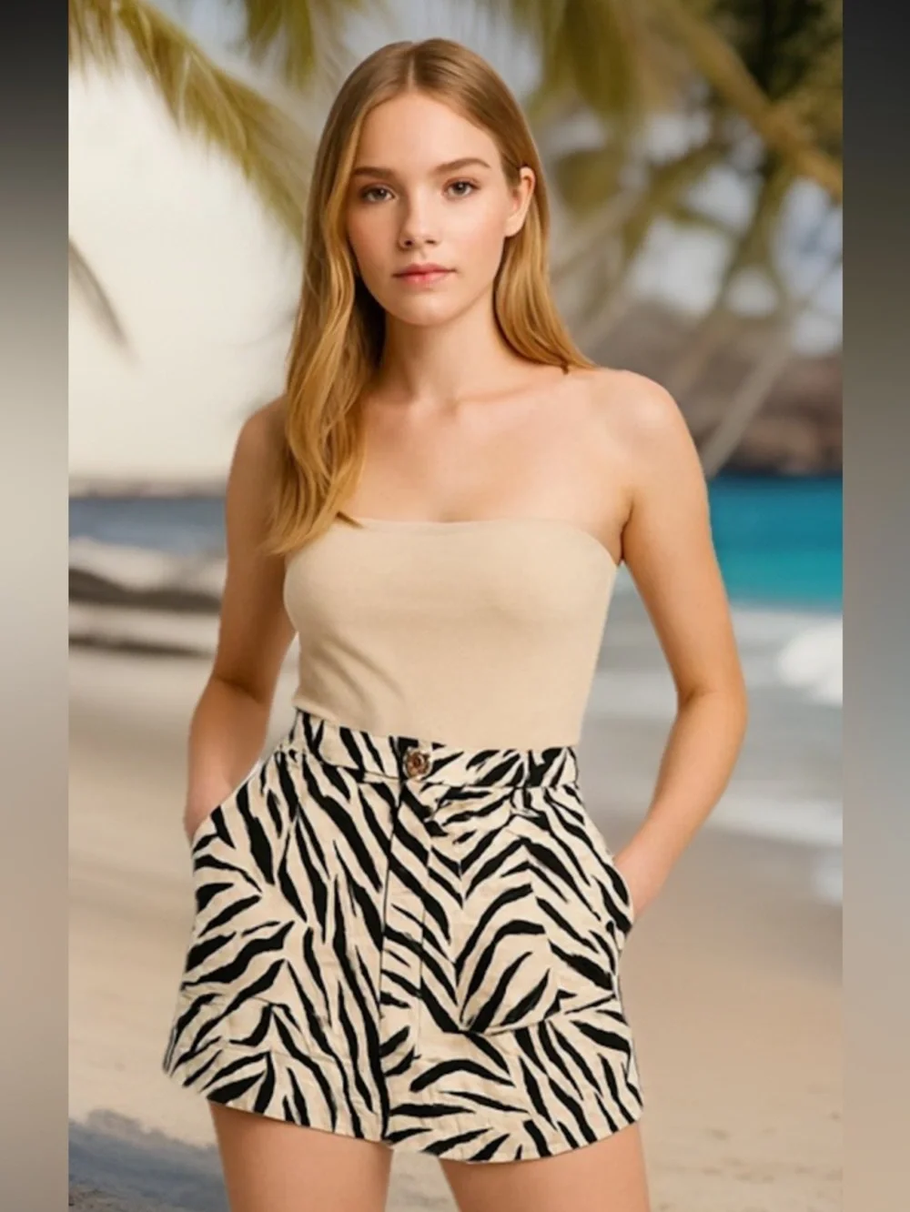 Cynthia Rowley Ivory & Brown 100% Lyocell Zebra Print Shorts Women’s Size 4 - Picture 3 of 14
